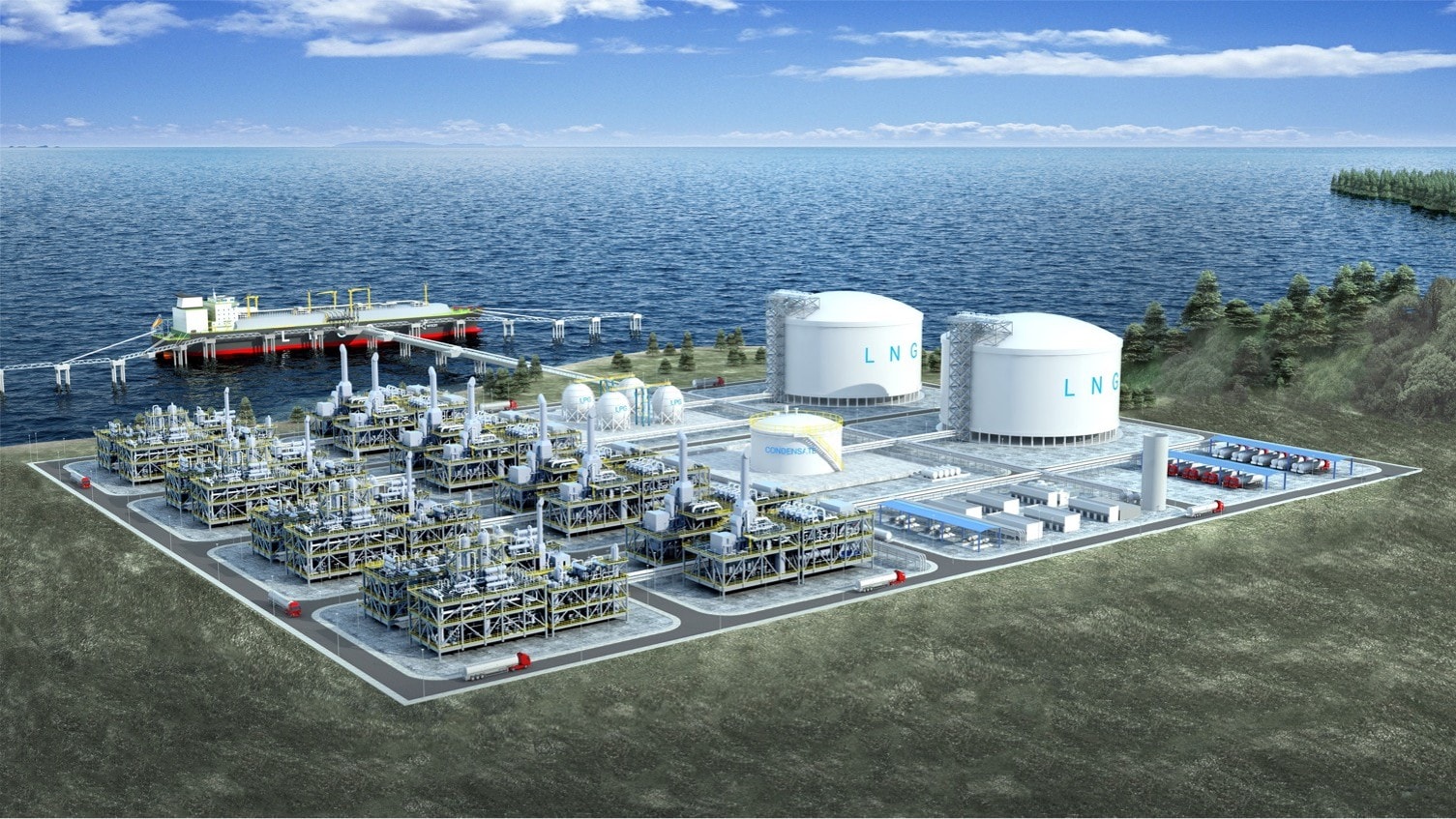 LNG terminal rendering beside the sea